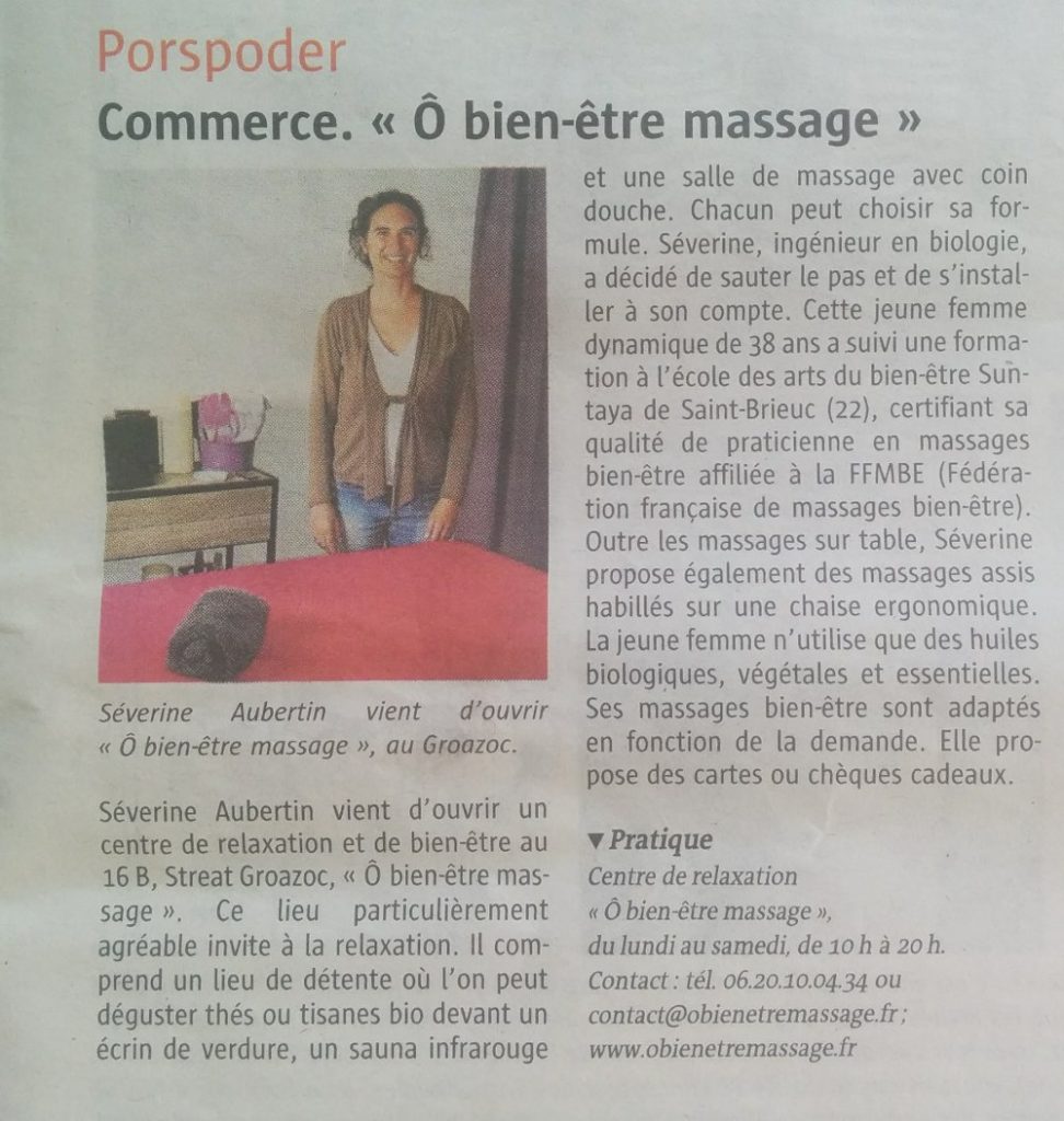 Merci Le Télégramme Centre de relaxation "Ô bien-être massage" à Porspoder / Brest / Finistère
